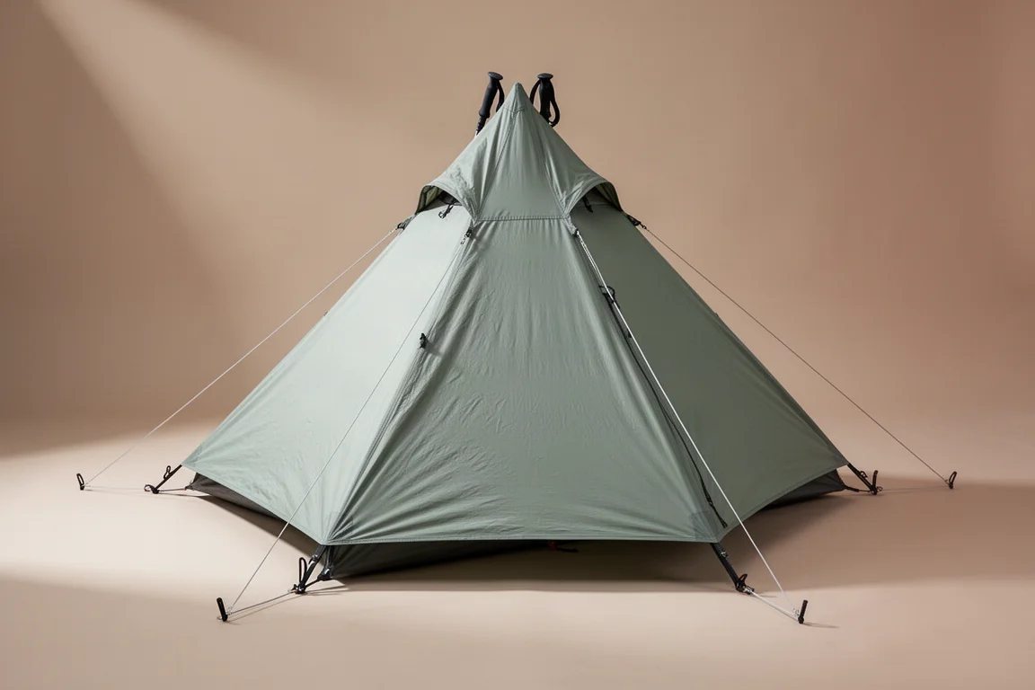 Pale grey-green one-person trekking pole tent pitched on a neutral backdrop with staked corners