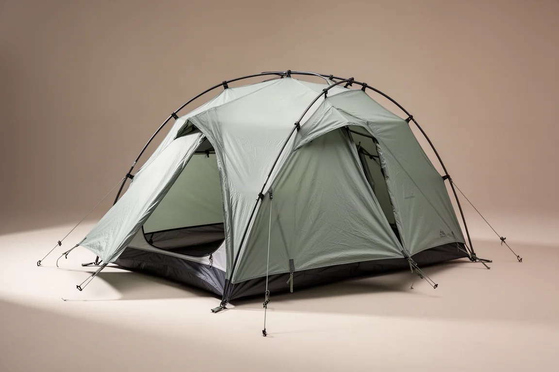 Tenda da backpacking ultraleggera monoposto montata su uno sfondo neutro da studio