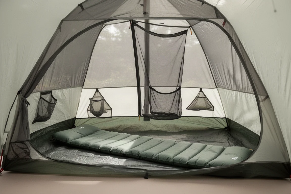 Intérieur d'une tente une place à bâtons en mesh avec matelas de couchage et poches à équipement