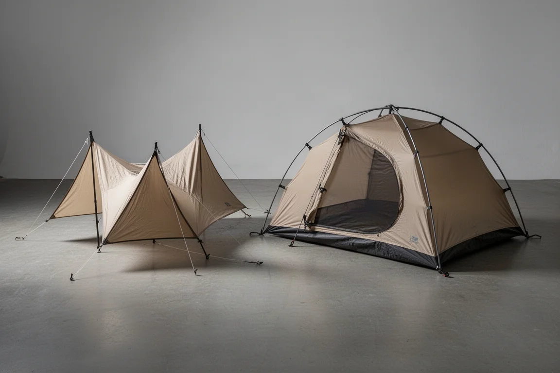 Two one-person ultralight backpacking tents pitched side by side in a studio