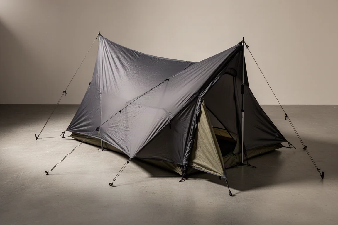 Lightweight two-person trekking pole tent with pale grey flysheet pitched on matte concrete