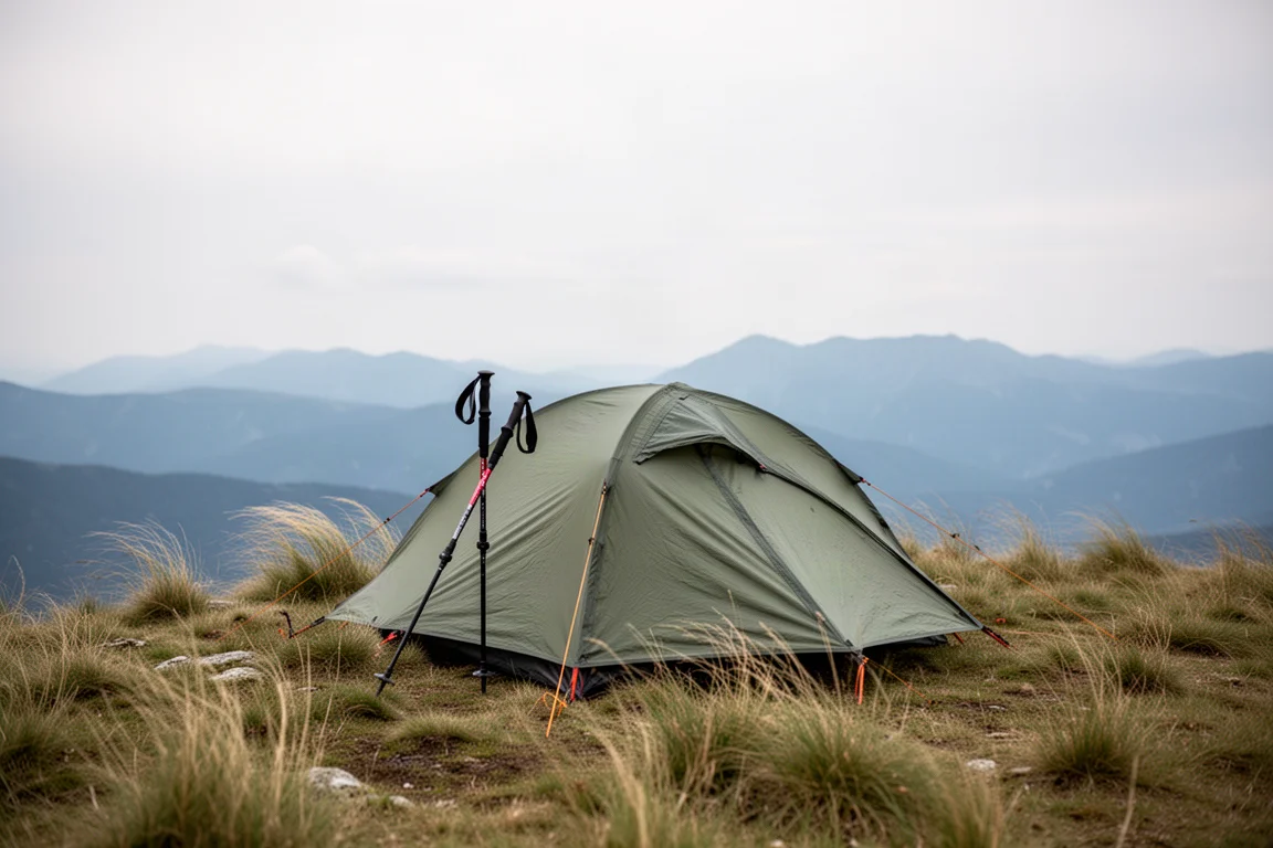 Punt van een trekkingstok in de top van een strak opgezette lichtgewicht tent met scherpe schuine wanden