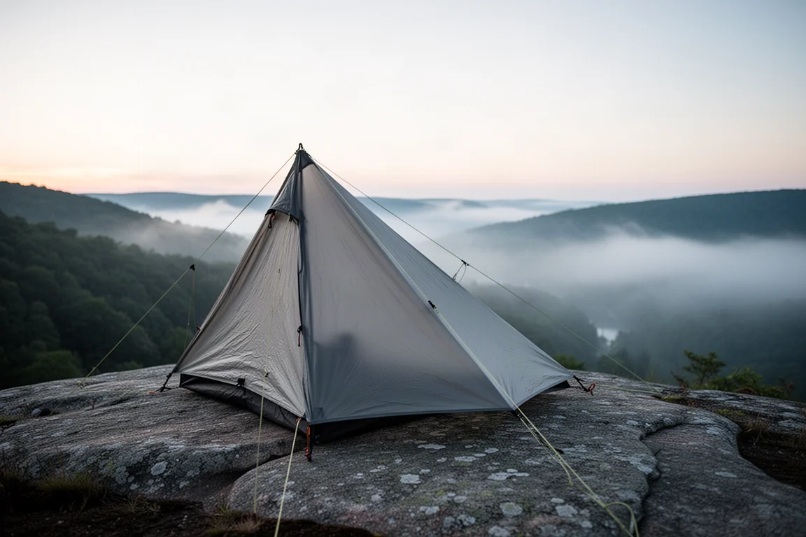 Lekkie schronienie trekkingowe rozstawione na granitowej półce nad mgłą o świcie