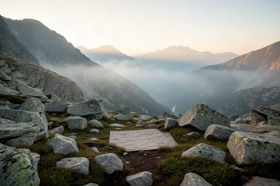 Nebeliger Nadelwaldpfad im ersten Licht mit Nebel zwischen den Stämmen