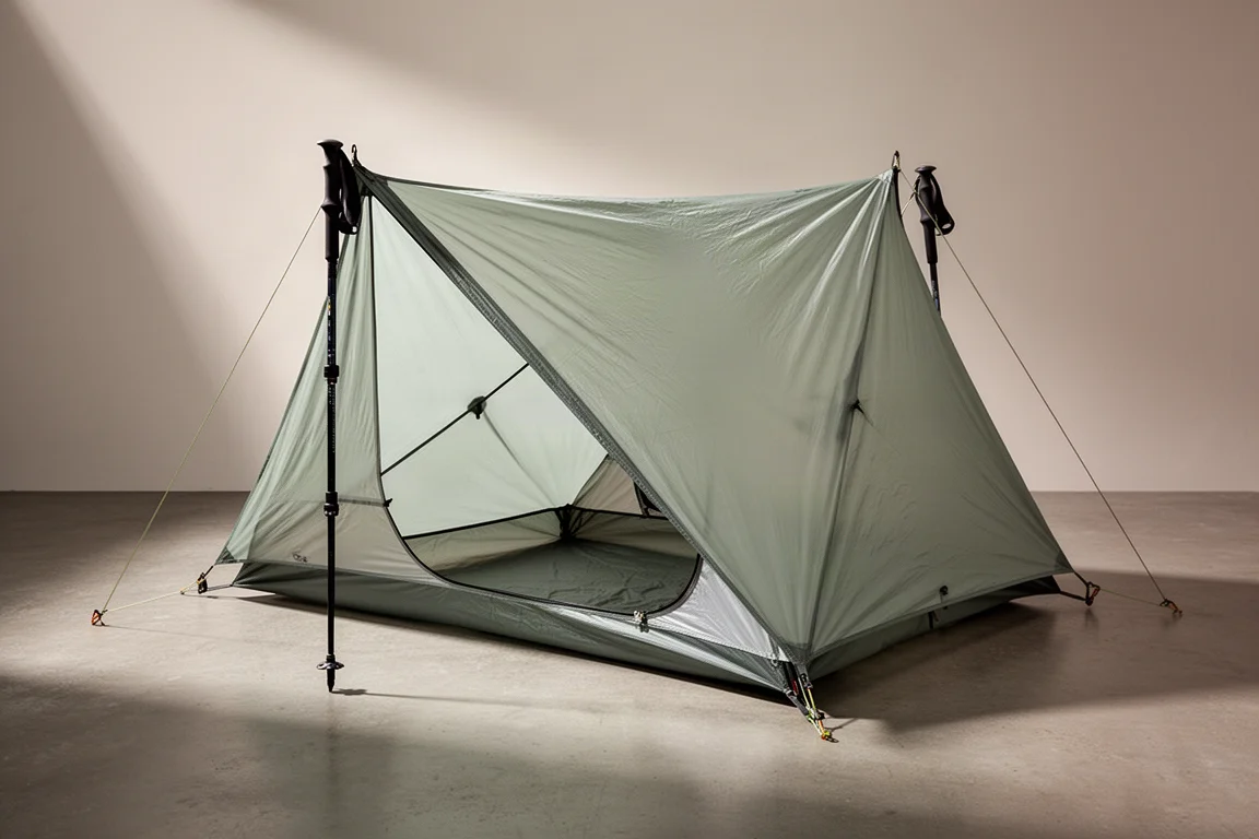 Translucent ultralight trekking pole tent pitched on a neutral studio backdrop