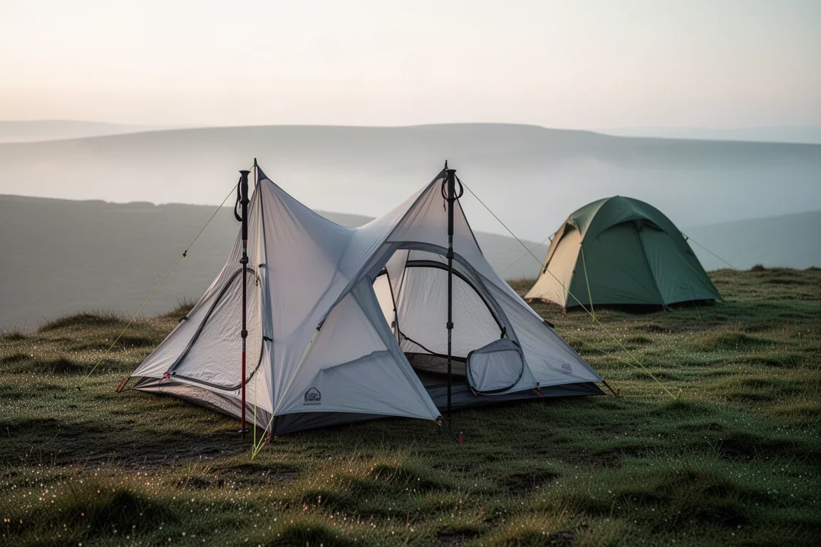 Due tende ultraleggere monoposto per bastoncini da trekking piantate su un crinale di brughiera nella nebbia all'alba