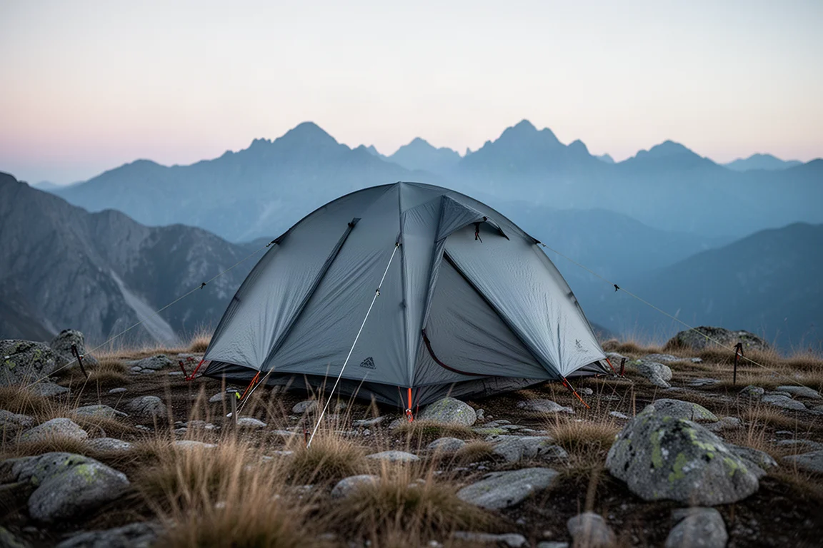 Tenda ultraleggera a doppio strato montata su una cresta alpina al crepuscolo con tiranti ben tesi