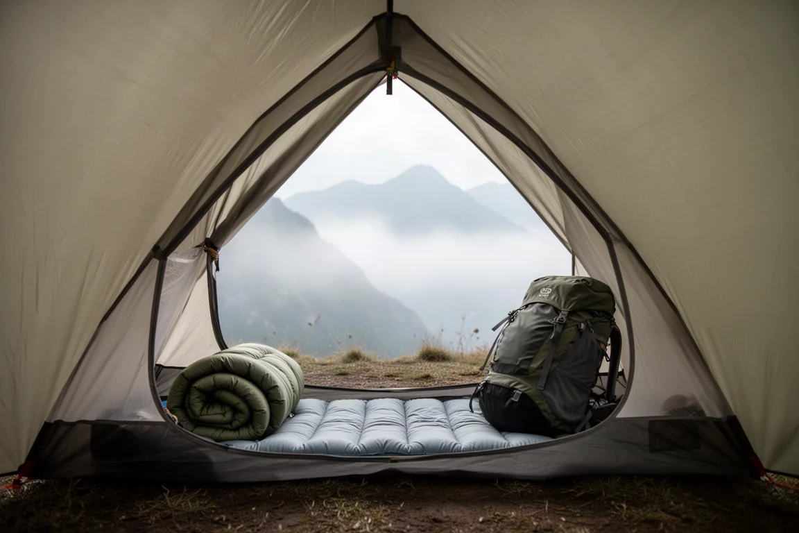 Vista attraverso la porta aperta della tenda che mostra un materassino e uno zaino con montagne nebbiose sullo sfondo