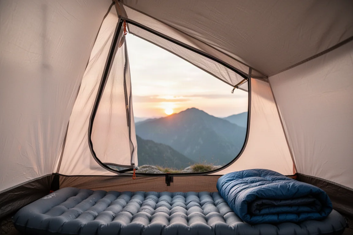 Interior de um abrigo para uma pessoa com colchonete, quilt e mochila dentro
