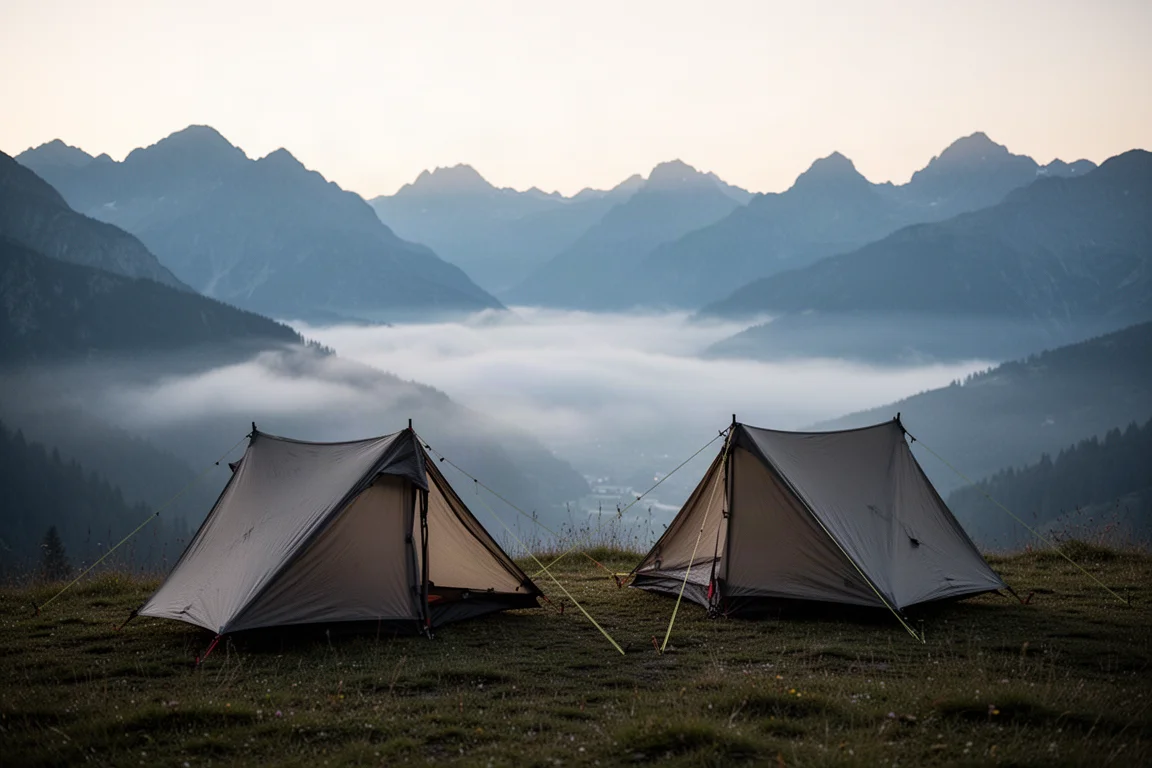 Dois abrigos ultralight montados em uma saliência alpina ao anoitecer, com luz quente interna