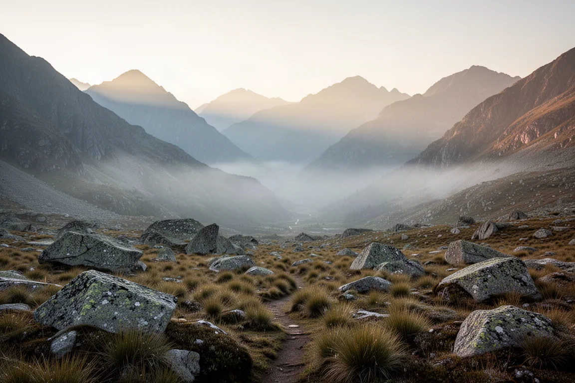 Hochalpines Tal im ersten Licht mit geschichteten Bergkämmen, die in tiefen Nebel übergehen