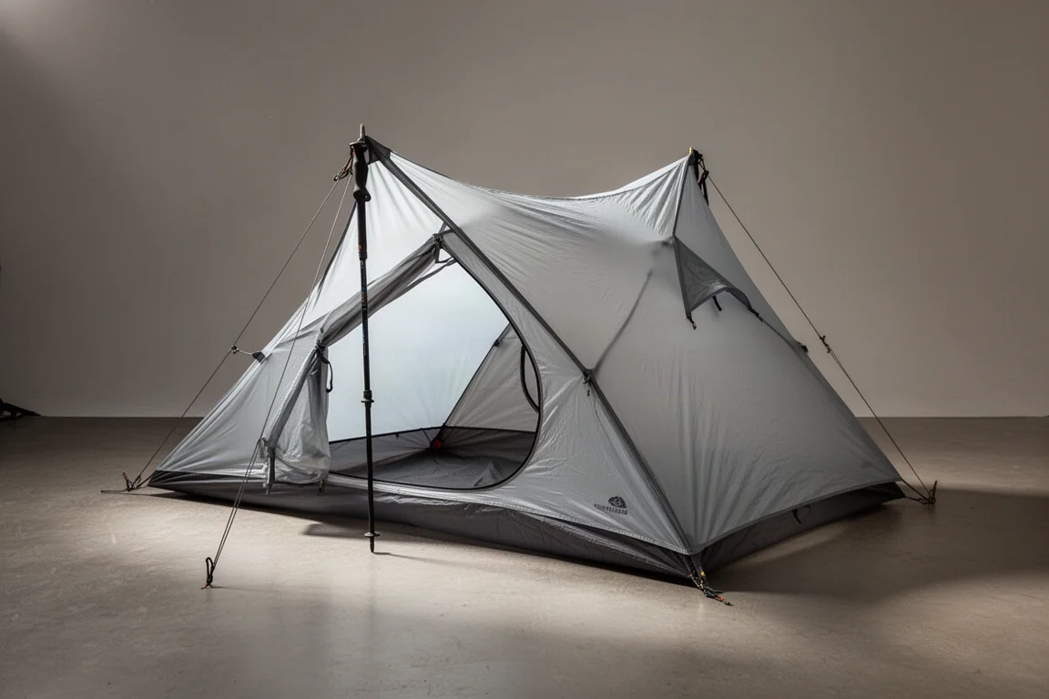 Ultralight single-wall trekking pole tent pitched on concrete against a neutral backdrop