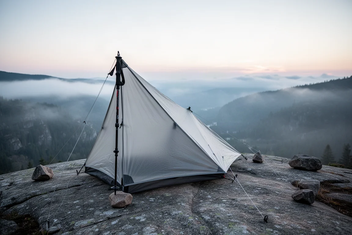 Ultralekkie schronienie na kijki trekkingowe rozstawione na górskiej półce o zmierzchu, poniżej mgła