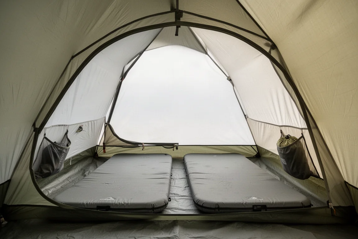 Końcówka kijka trekkingowego osadzona w oczku narożnika namiotu, obok napięta linka odciągowa na alpejskiej łące