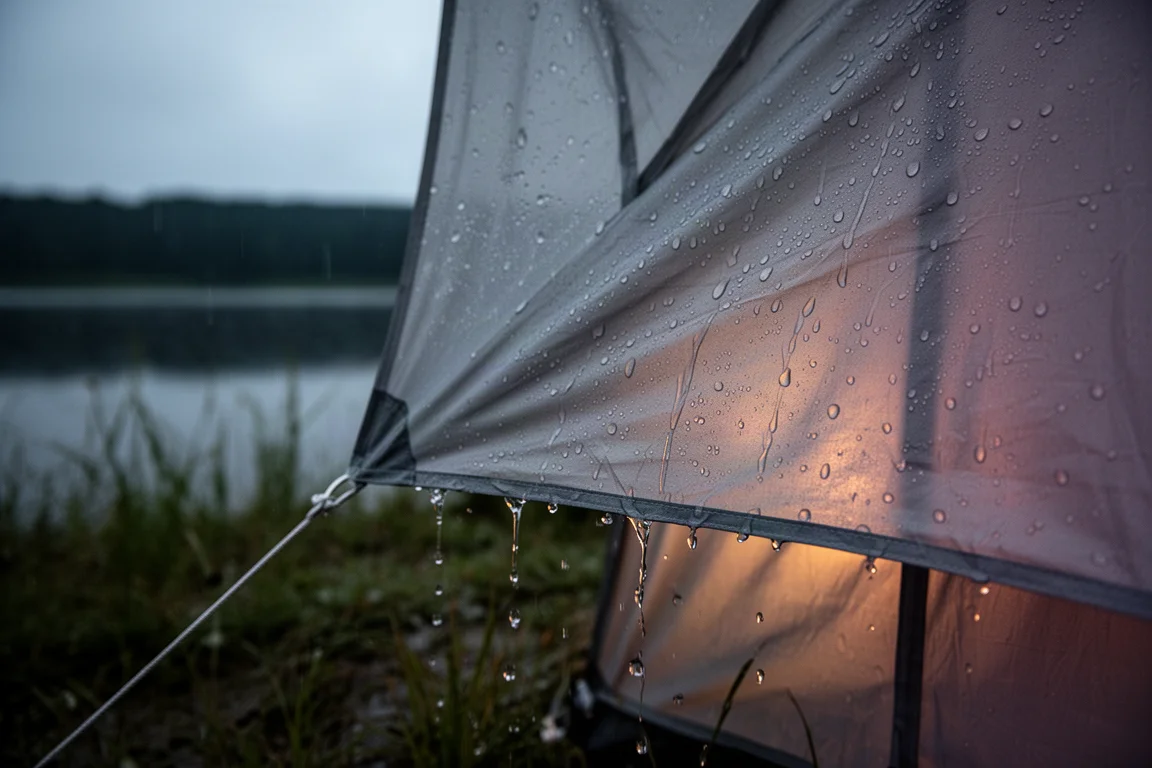 Pluie perlant sur une toile de tente argentée translucide au crépuscule, avec un lac sombre en arrière-plan