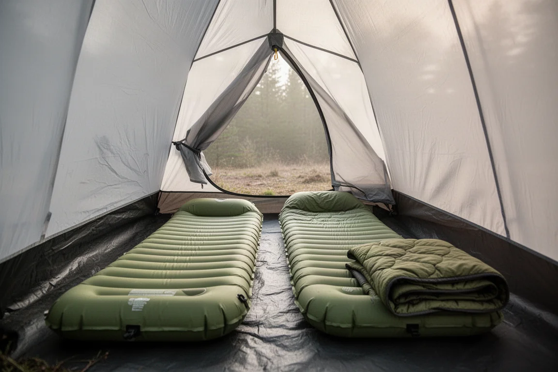 Intérieur d'une tente ultralégère à paroi simple avec deux matelas de couchage effilés sur un plancher sombre