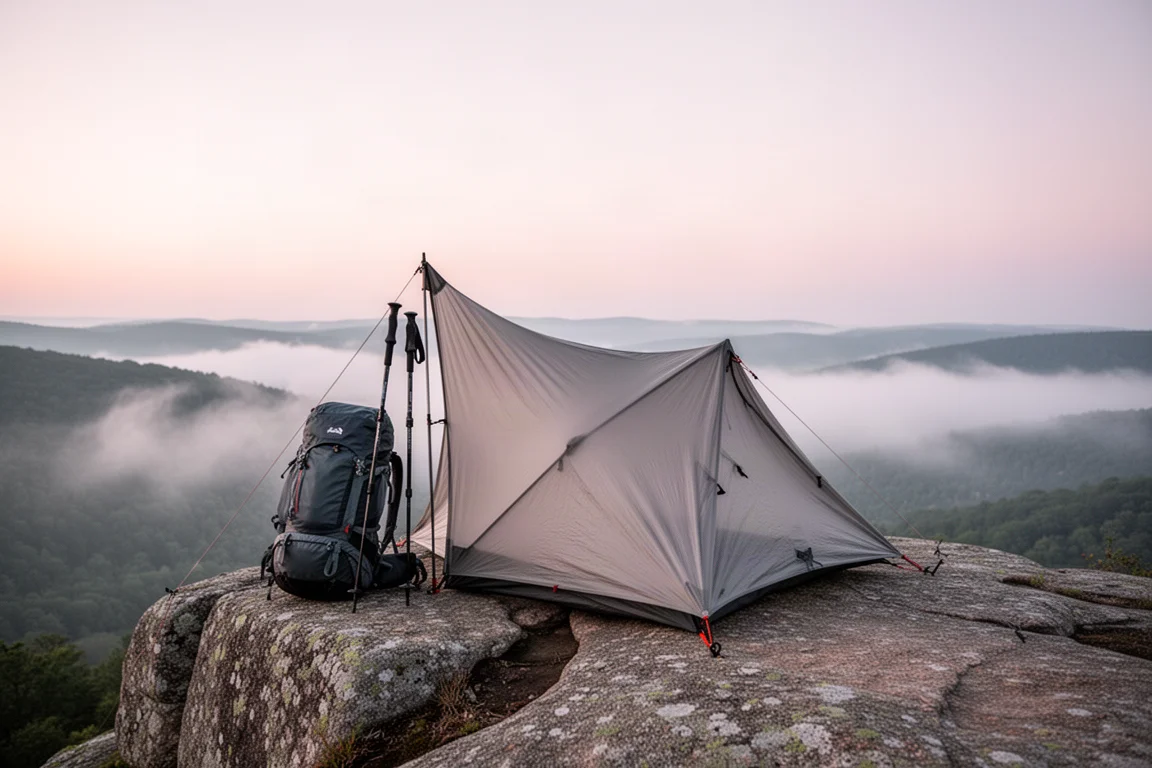 Abri ultraléger pour bâton de randonnée monté sur un rebord granitique à l'aube, avec de la brume en contrebas