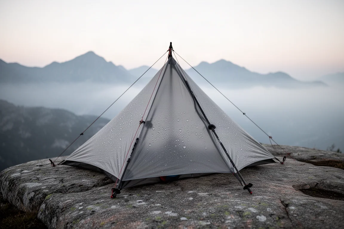 Refugio ultraligero para bastones de trekking montado sobre una losa de granito al amanecer con condensación en el toldo