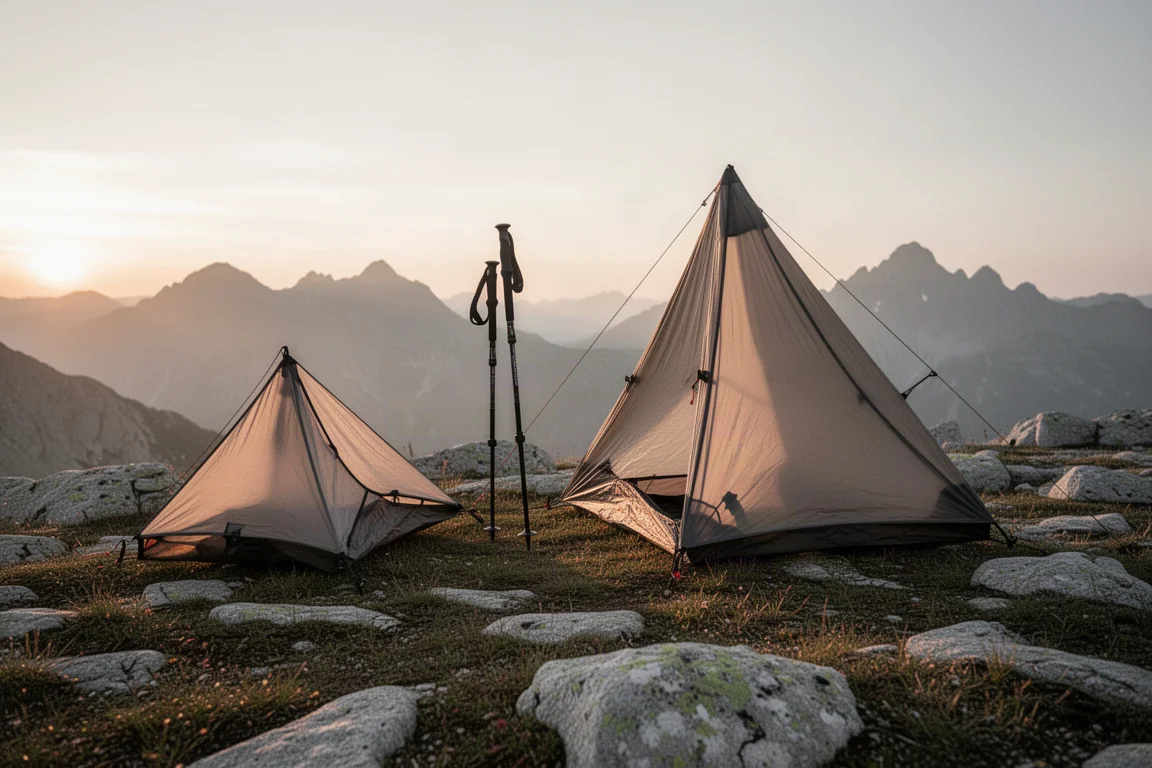 Dos refugios ultraligeros montados uno al lado del otro en un campamento de alta montaña al atardecer