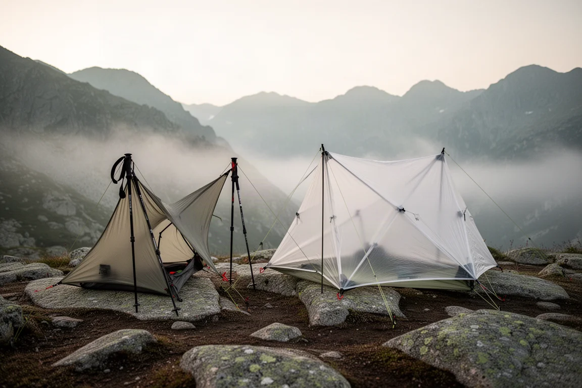 Two ultralight trekking pole shelters pitched on an alpine campsite at dawn