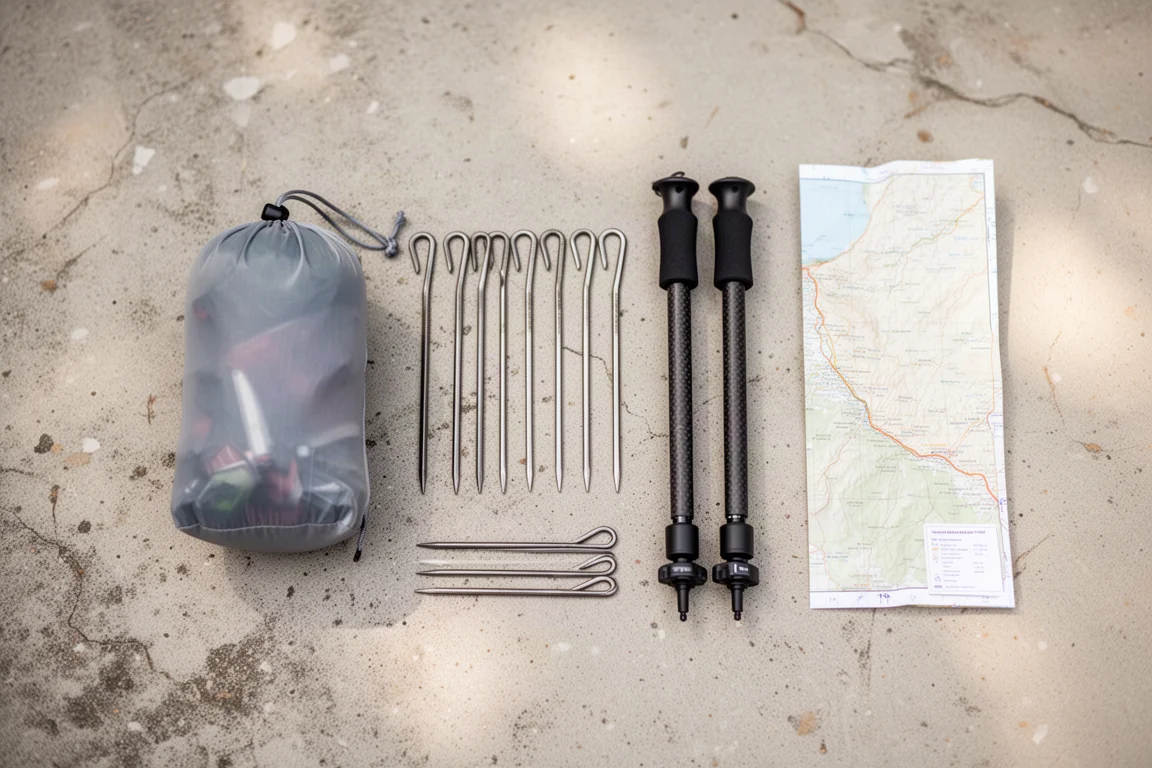 Overhead flat lay of ultralight tent stakes, stuff sack, and carbon pole sections on concrete