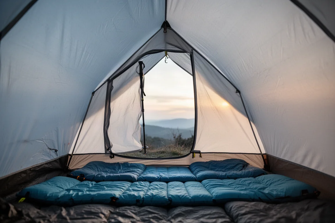 Interior of an ultralight trekking pole shelter with two staggered sleeping pads at dawn