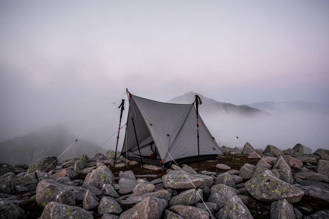 Low profile trekking pole shelter pitched on a misted alpine ridge at dusk