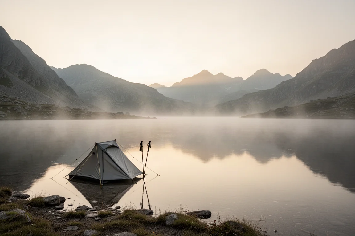 Small trekking pole tent pitched on a high alpine lake shoreline at sunrise