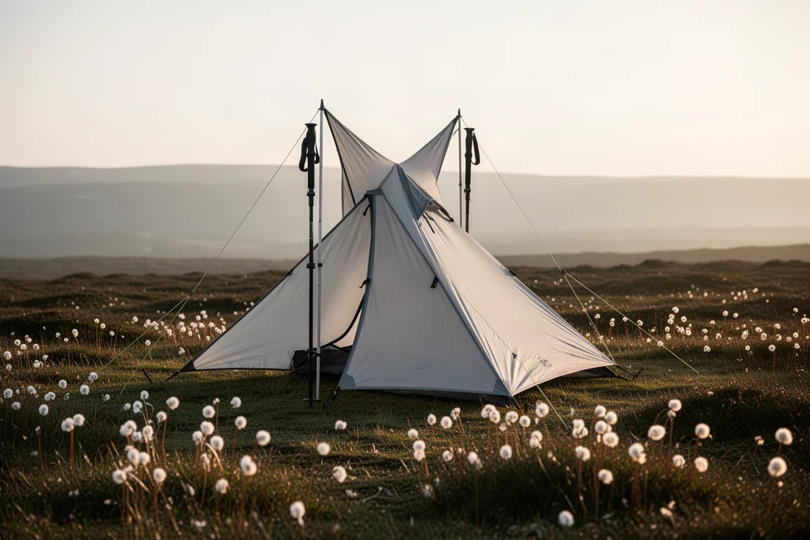 Lightweight trekking pole backpacking tent pitched on a neutral surface with two doors and guy lines