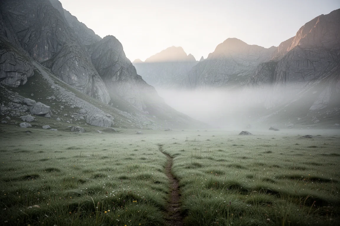 High alpine meadow at first light with mist between granite ridges and a faint trail