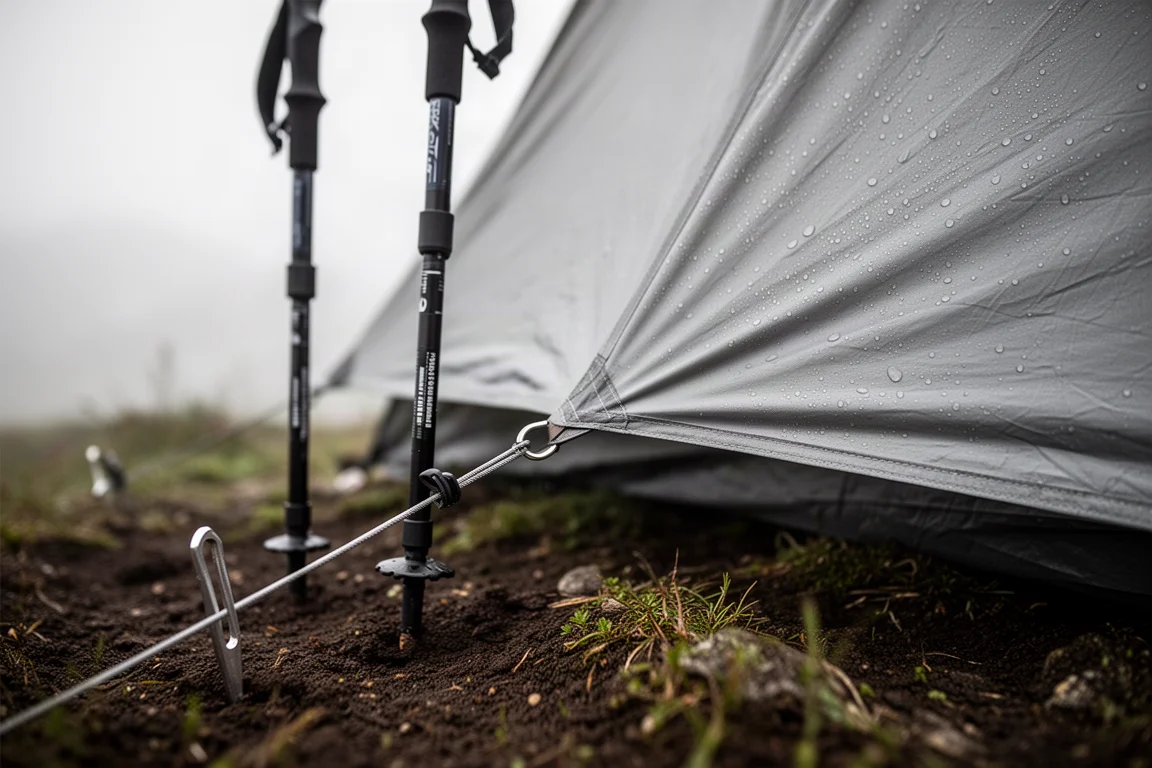 Trekking poles tensioning a taut silvery tent panel in damp alpine soil