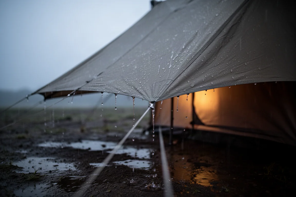 Rain beading and running off a taut tent fly at dusk on wet ground