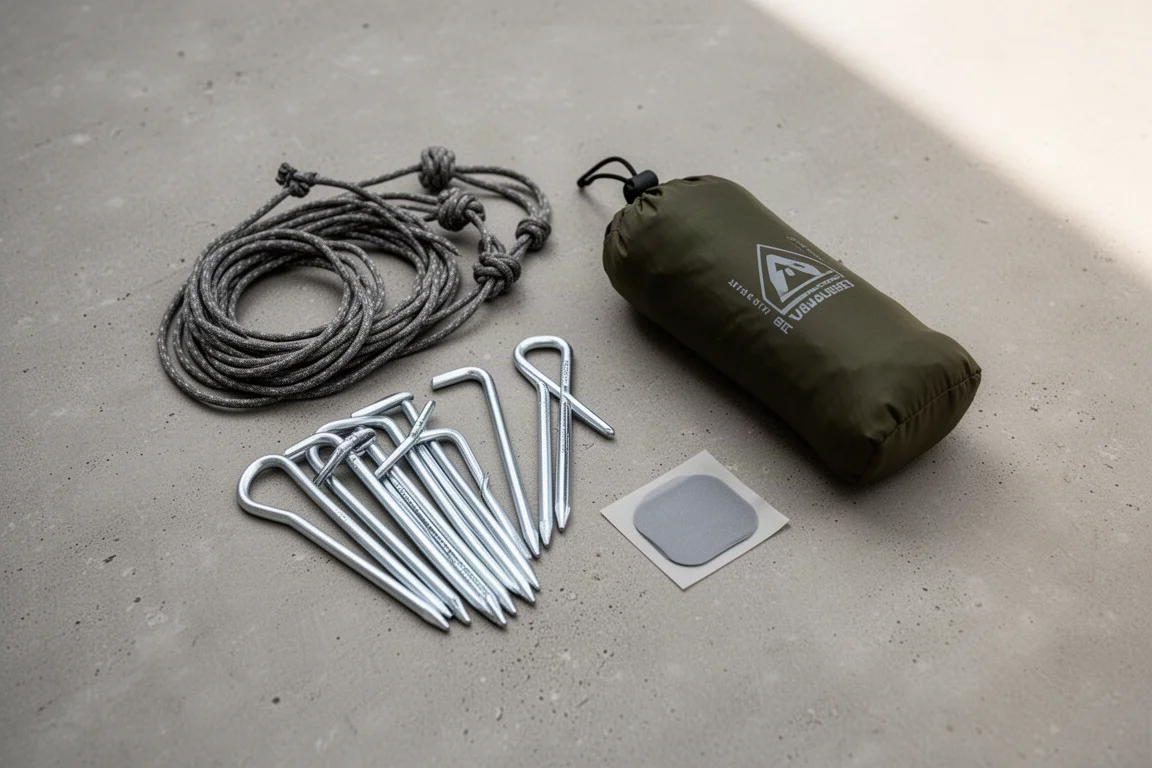 Overhead flat-lay of backpacking shelter essentials on a concrete surface