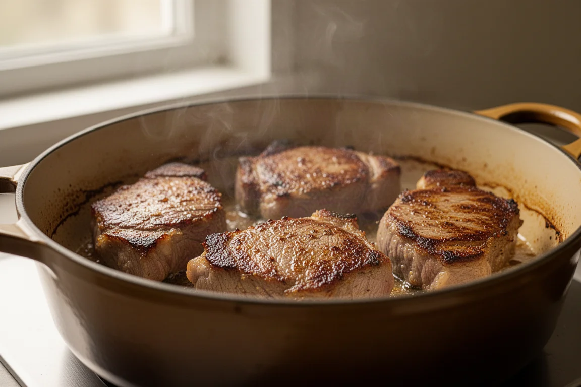 Costillas de res dorándose a fuego suave en una pesada olla esmaltada