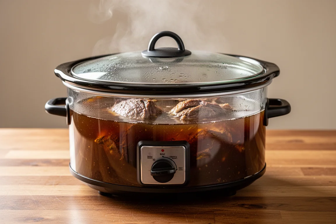 Olla de cocción lenta sobre la encimera de la cocina con una tapa de cristal que revela el líquido de brasado