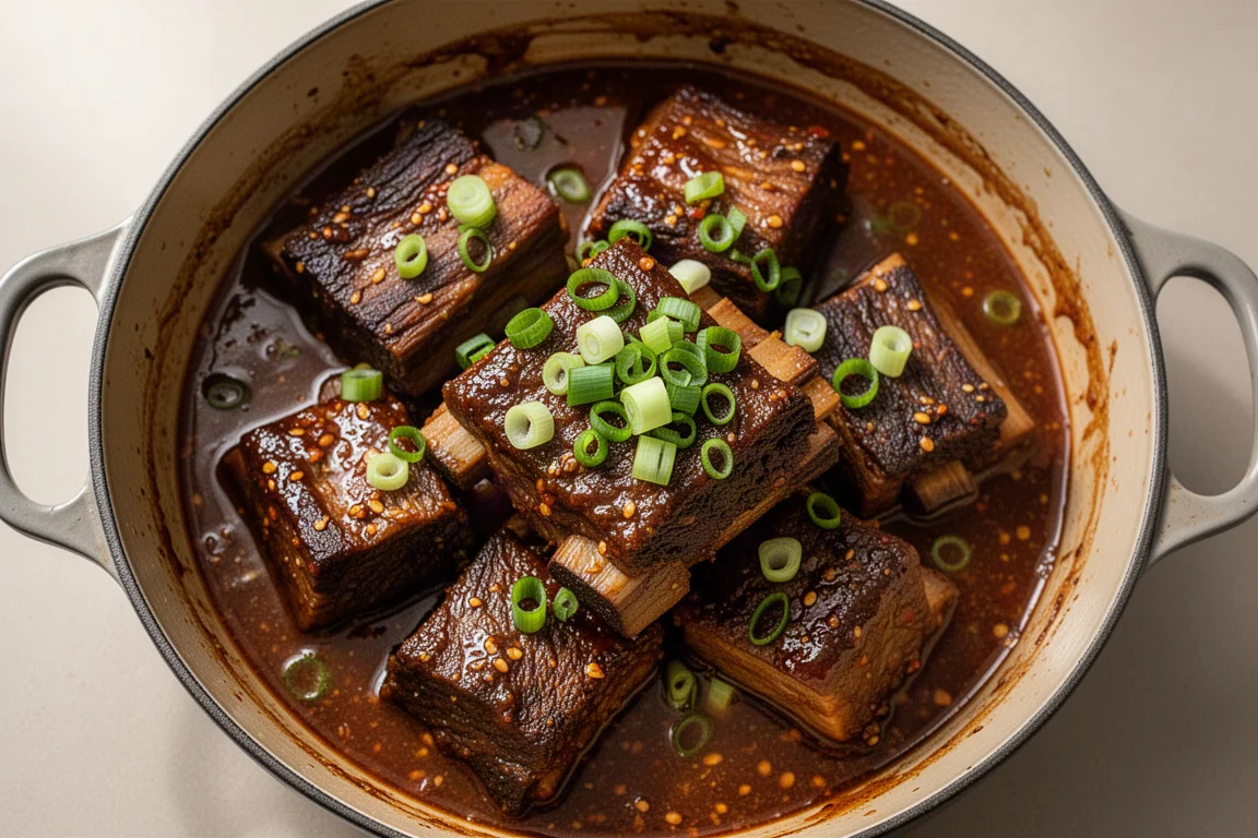 Costillas de res brasadas terminadas, cubiertas de una salsa espesa y brillante, decoradas con cebolletas