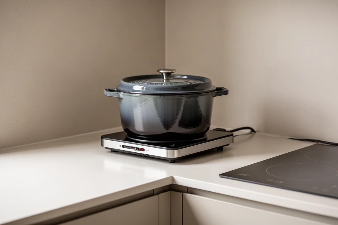Rincón compacto de cocina con una sola olla híbrida sobre una encimera pequeña