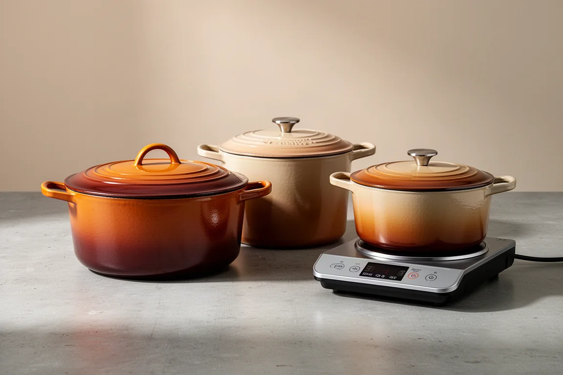 Two enameled cast iron Dutch ovens and a hybrid cooking pot on a heating base