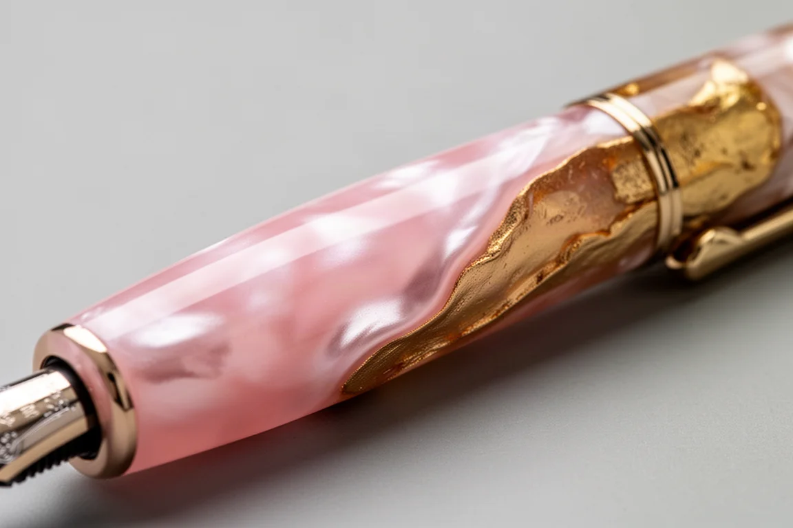Primo piano del barrel di una penna stilografica in resina rosa perlata e oro