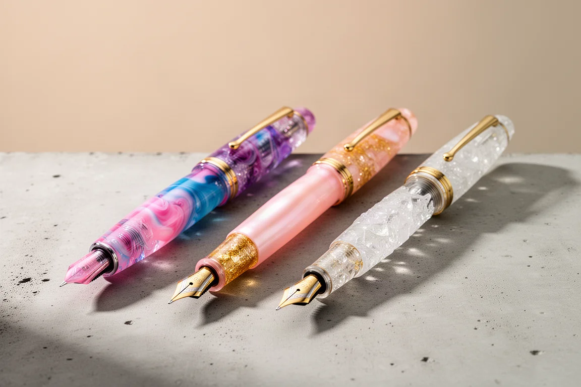Three pastel resin fountain pens arranged side by side on a concrete surface