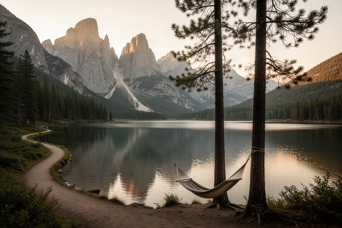 Forested campsite beside an alpine lake with open ground between trees at golden hour