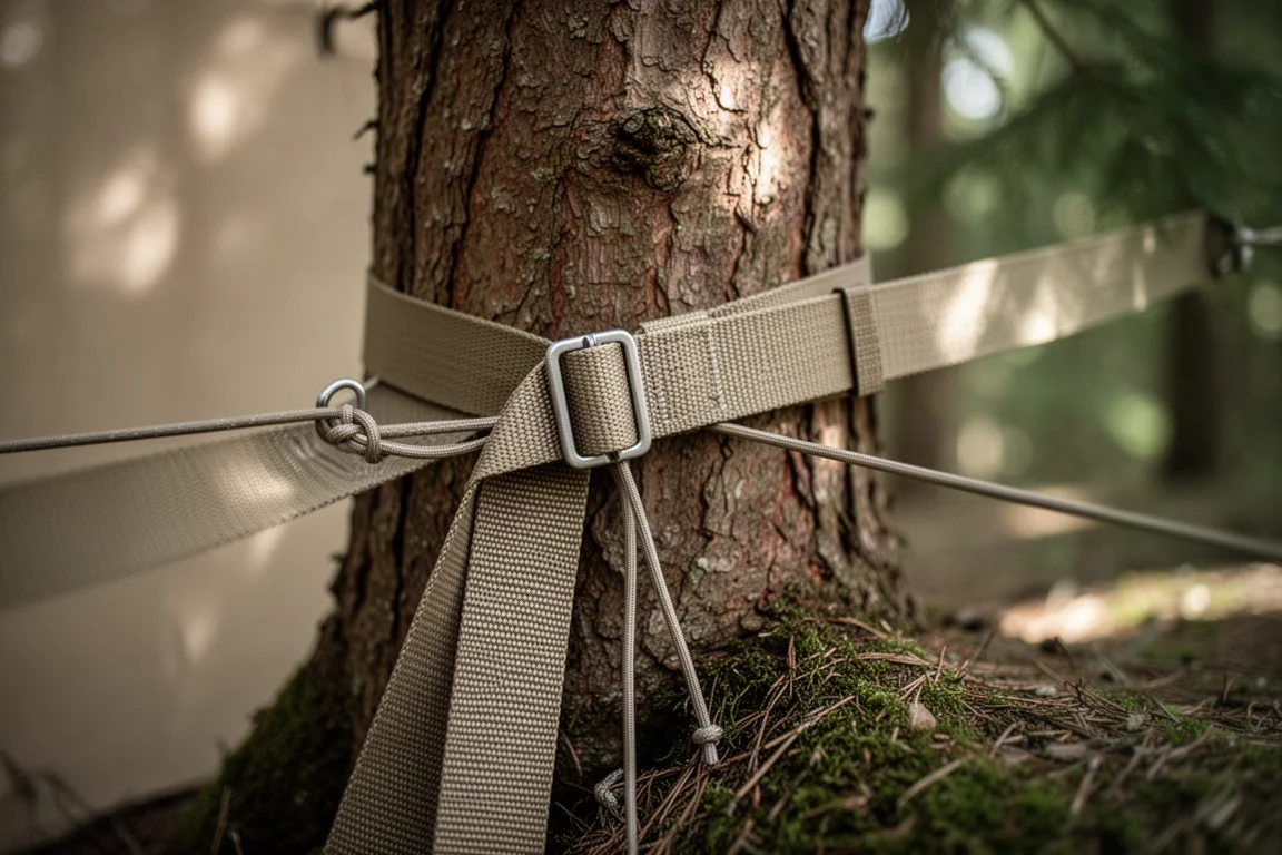 Close-up of webbing straps and knotted cordage wrapped around a tree trunk