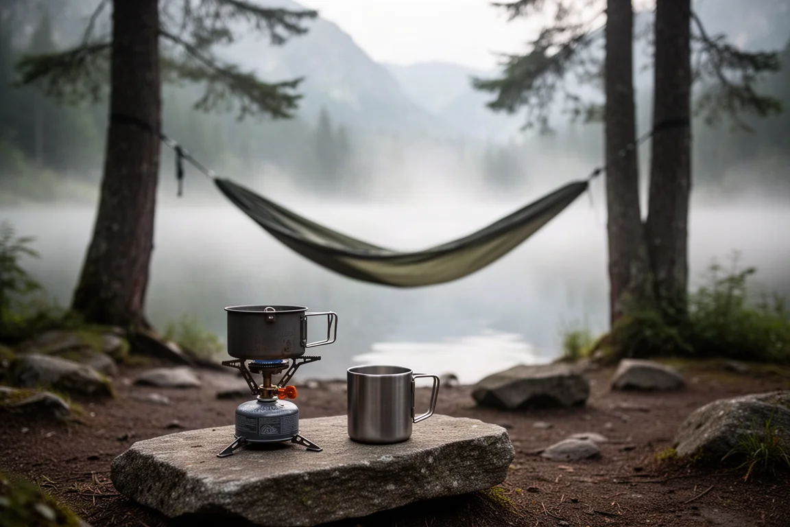 Misty alpine lake at sunrise with treeline camp silhouettes in the distance