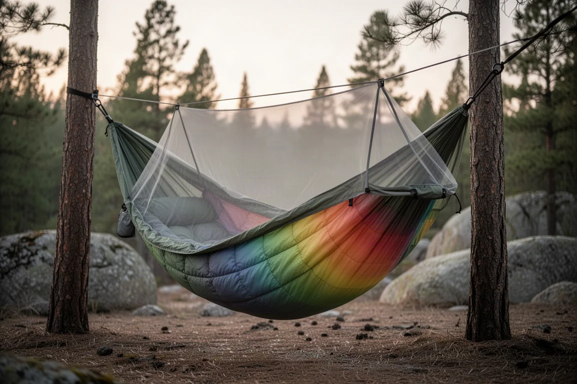 Camping hammock with integrated under quilt hung between two trees beside an alpine lake at dusk