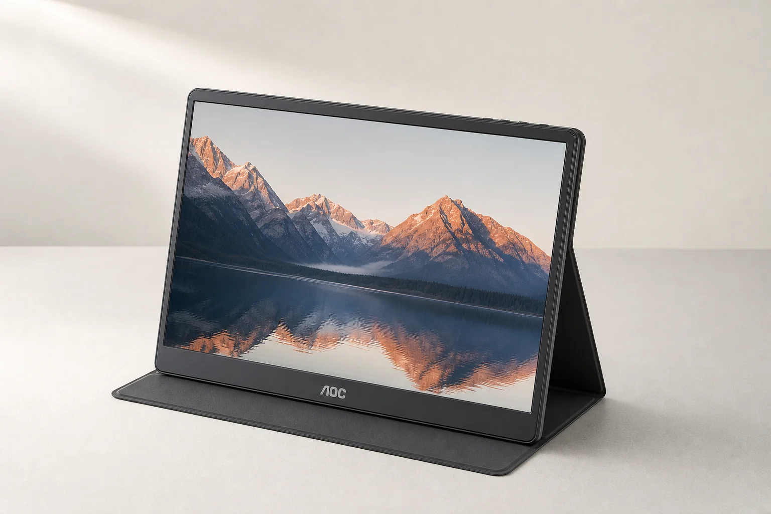 Una collezione di monitor portatili su una superficie in cemento che mostrano diversi fattori di forma