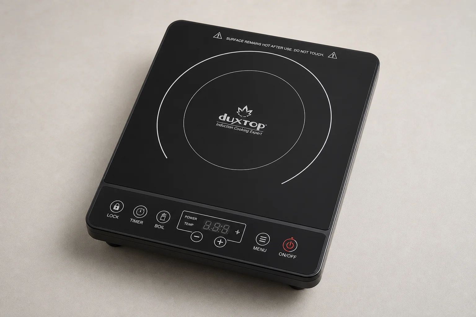 Plaque à induction moderne avec surface en verre noir et ustensiles de cuisine en acier inoxydable