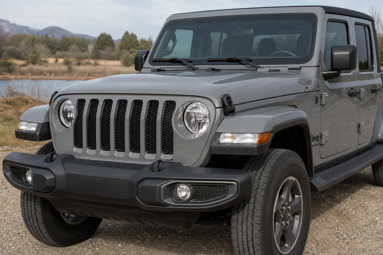 Parte frontal de un Jeep Gladiator con faros halógenos de fábrica a plena luz del día