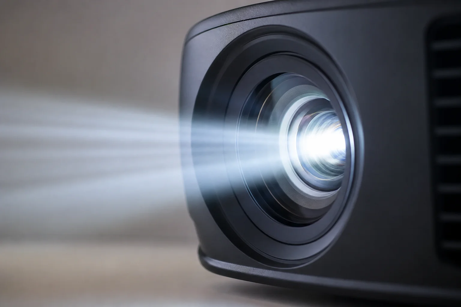 Primer plano de la lente del proyector LED con un patrón de haz de luz blanca brillante