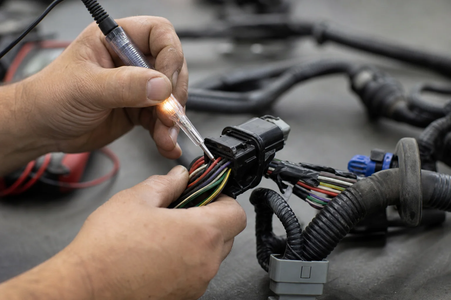 Técnico utilizando una luz de prueba para comprobar las conexiones del mazo de cables