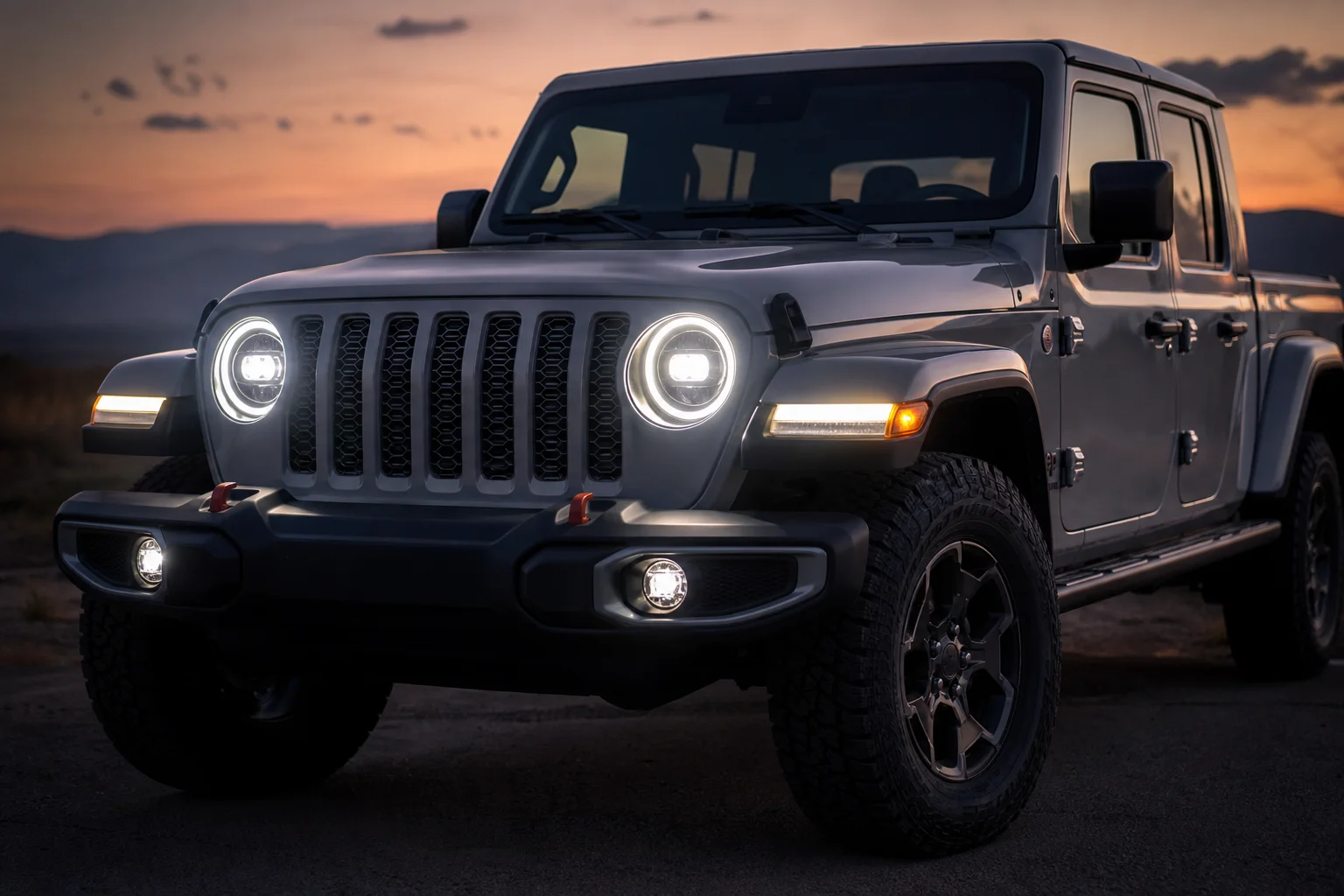 Parte frontal de un Jeep Gladiator al atardecer con los faros LED encendidos